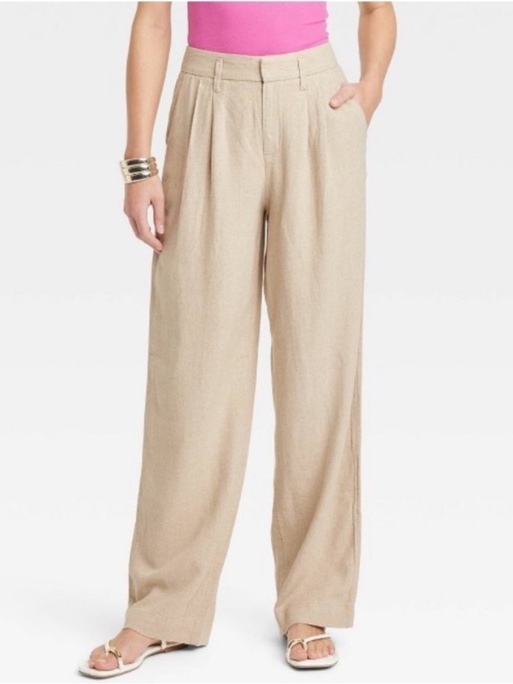 High-Rise Linen Pleat-Front Straight Pants